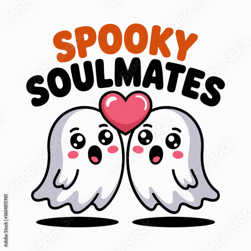Spooky soulmates card with ghost couple, yellow background, hearts, Halloween love, printable sticker, vector art