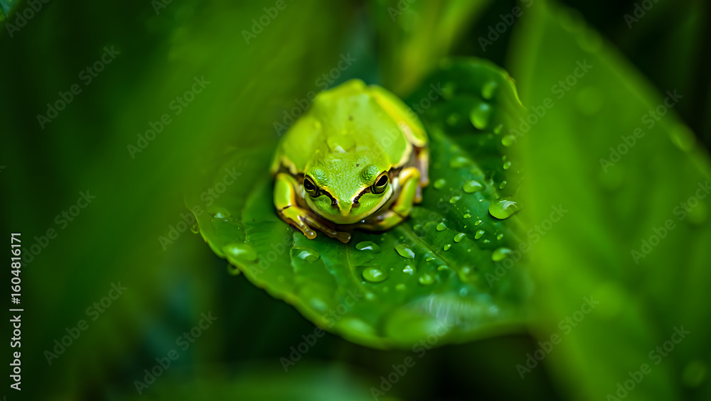 Obraz premium A vibrant green tree frog rests on a dewkissed leaf showcasing its intricate details and the surrounding lush natural environment