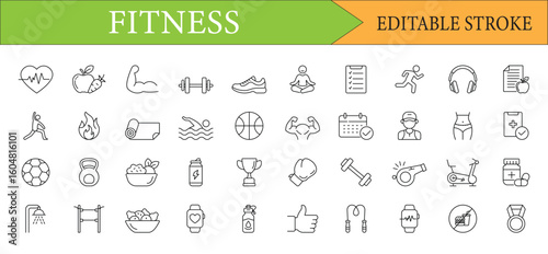 Fitness and Healthy Lifestyle Line Icons Set