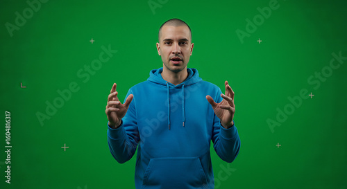 Man in blue hoodie against green screen