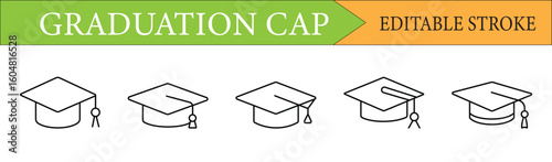 Graduation Cap Editable Stroke Line Icon Set