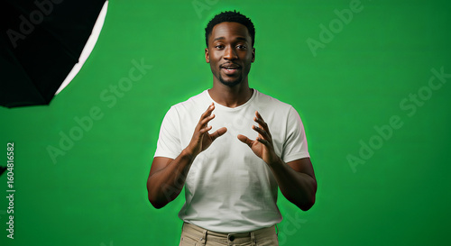 Man presenting before green screen