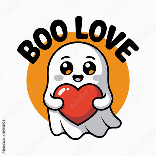 Happy ghost clutching heart with text boo love, great for Halloween mug printable, card, or love-themed spooky sticker  