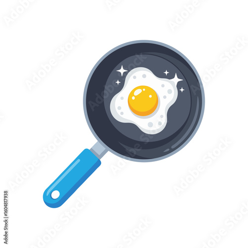 Cartoon fried egg cooking in a sparkling frying pan. A simple vector illustration of a sunny-side up breakfast meal.