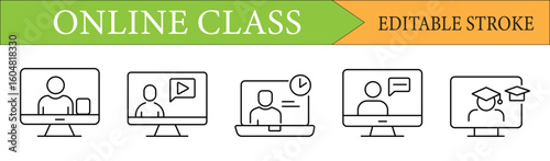Online Class and E-Learning Line Icons Set