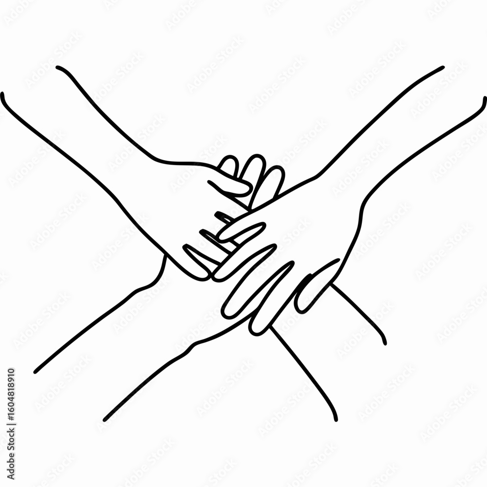 Fototapeta premium Four hands together in simple line art drawing express cooperation and unity. These four hands together represent a team, collaboration, and support, symbolizing connection and partnership.