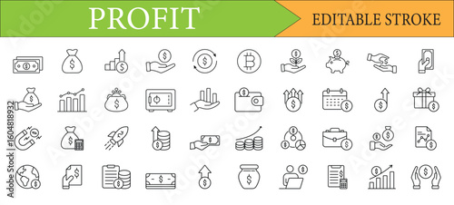 Profit and Financial Growth Line Icons Set