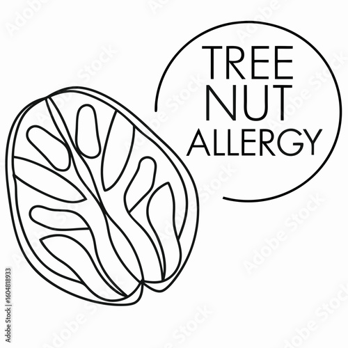Tree nut allergy awareness design featuring half of a nut in line art. Emphasizing tree nut allergy symptoms and dietary restrictions, outline details risk.