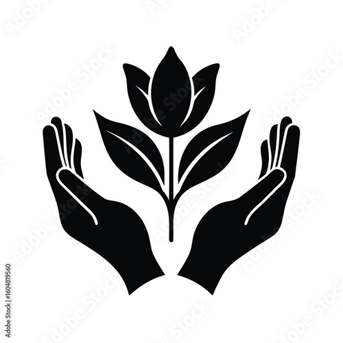 Silhouette two cupped hands holding a blooming flower leaves vector