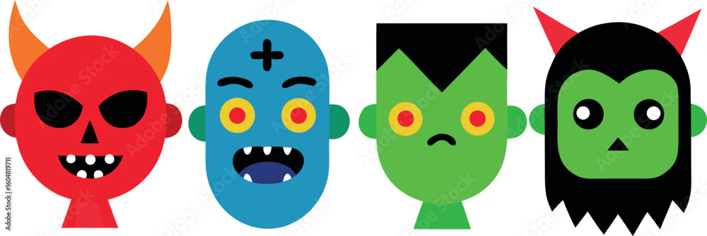 Fototapeta premium Set of Four Cartoon Hallow Designs Spooky Cute Halloween Illustrations