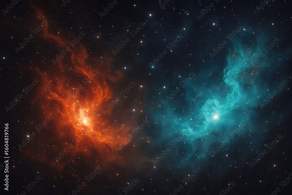 Obraz premium Fiery orange and cool blue cosmic clouds with distant stars nebula space