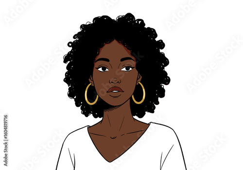 African American woman with curly hair looking confidently forward  