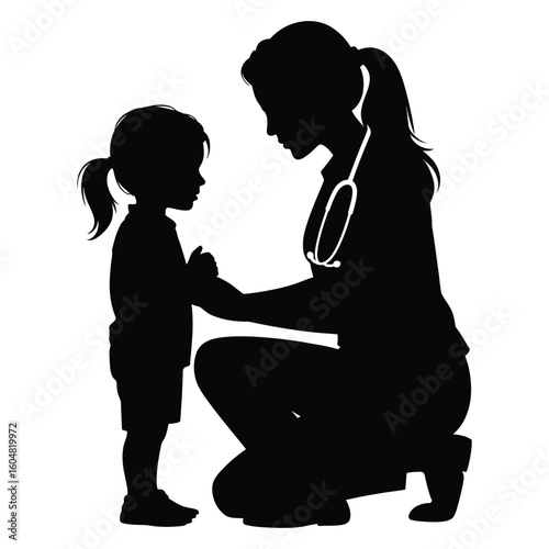 Silhouette of female pediatrician kneeling to talk to child patient in caring pose medical vector illustration