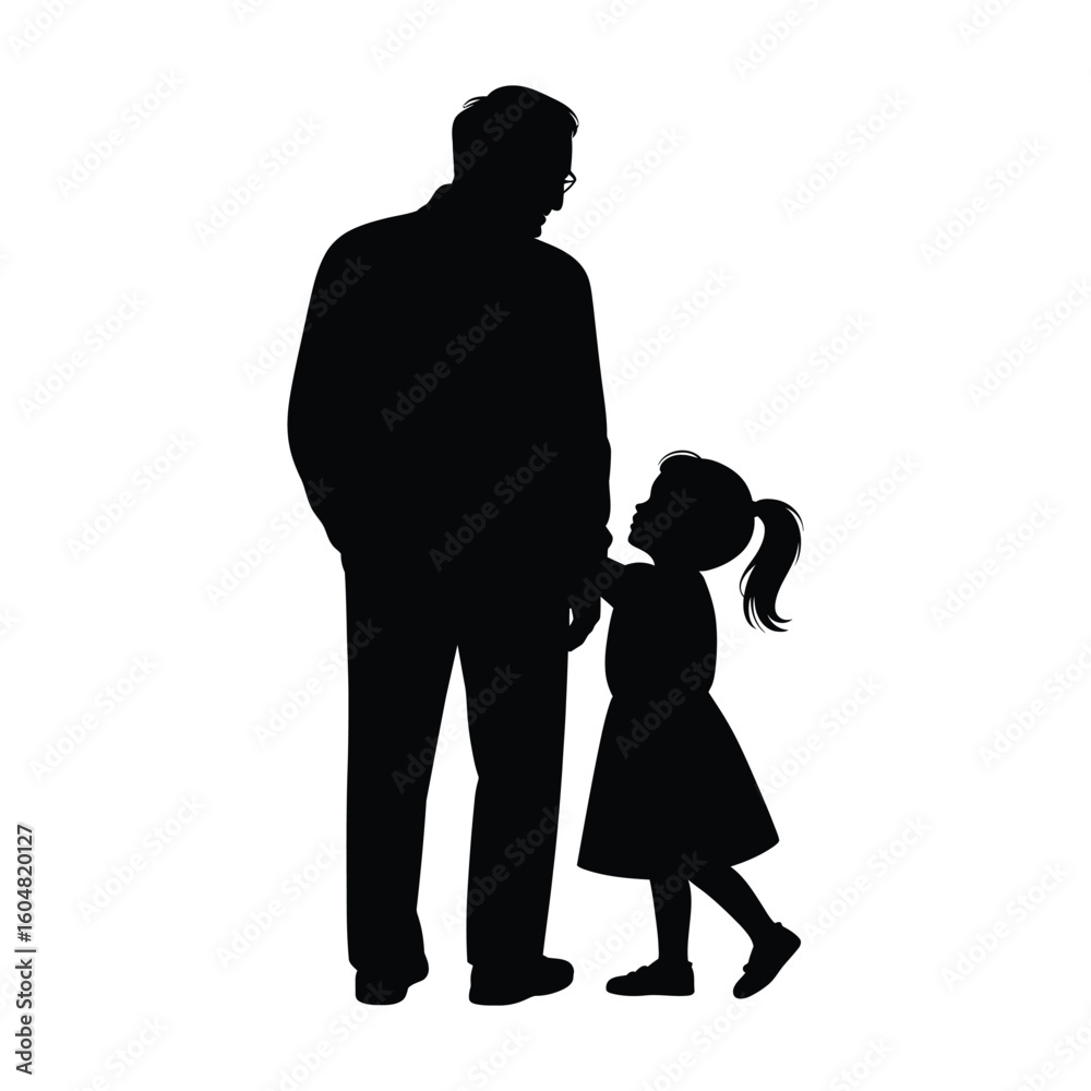 Silhouette of granddaughter hugging grandfather’s leg while grandmother looks on lovingly in family moment Silhouette of granddaughter hugging grandfather’s leg while grandmother looks on lovingly in family moment