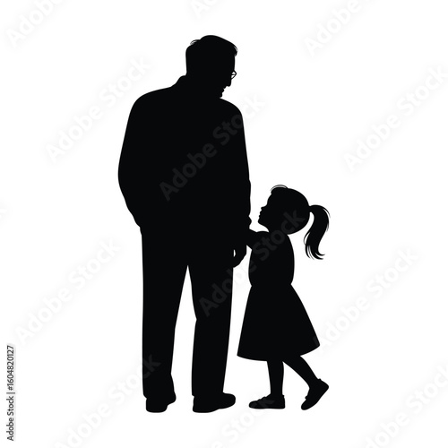 Silhouette of granddaughter hugging grandfather’s leg while grandmother looks on lovingly in family moment