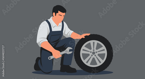 Mechanic Working on a Car Tire in a Flat Style Illustration