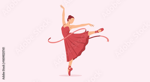 Graceful Ballerina in Red Dress Performing Ballet with Ribbon