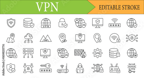 VPN and Online Security Line Icons Editable Stroke Set