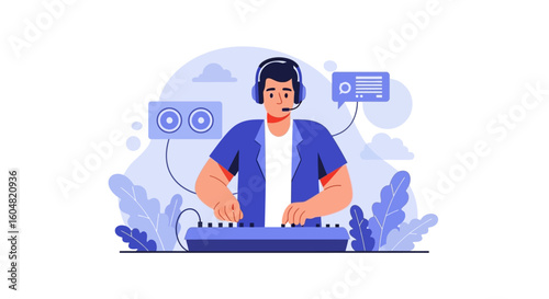 Cartoon DJ with Headphones Playing Keyboard, Blue and White Color Palette