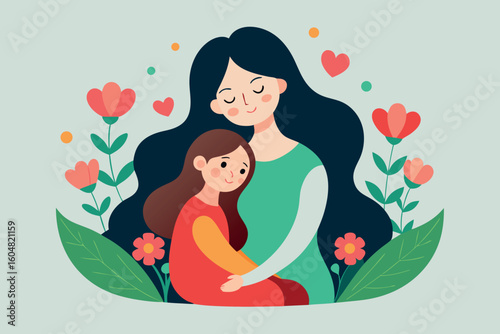 A mother and daughter share a loving moment with flowers and hearts