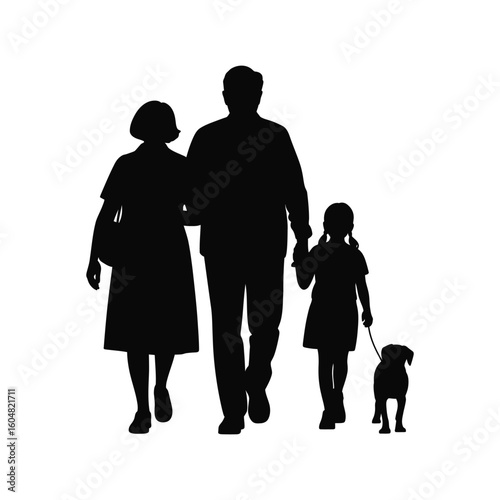 Silhouette of grandparents walking with granddaughter and small dog on leash in family outdoor scene