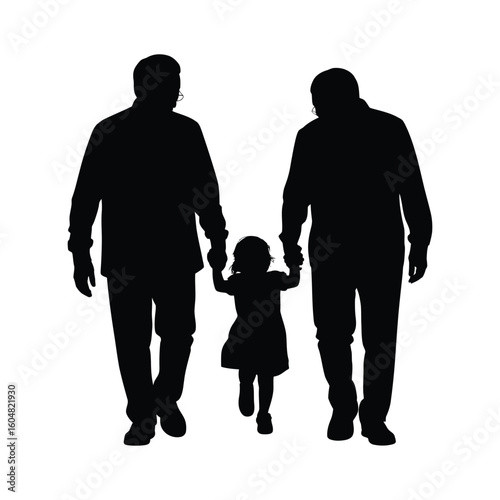 Silhouette of grandparents swinging laughing granddaughter between them while walking in joyful family moment scene
