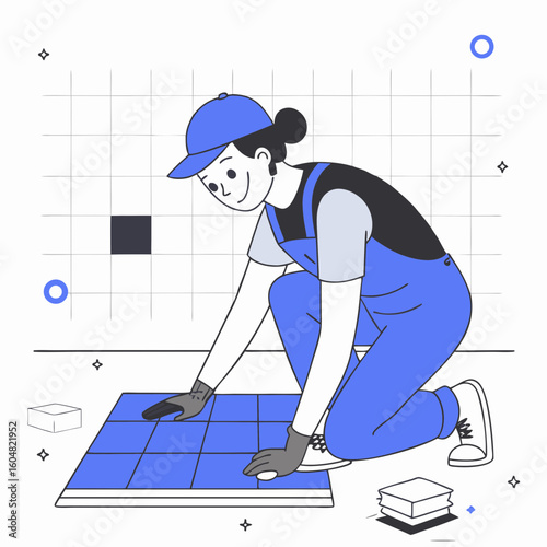 Man laying tile flooring with gloves and cap in modern workspace  