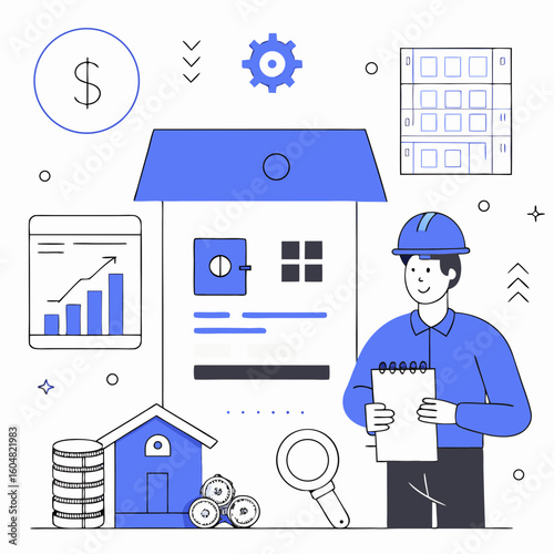 Construction worker planning home renovation with budget charts and tools  