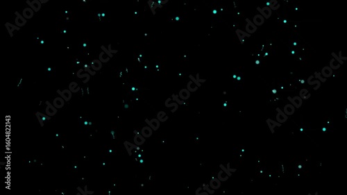 Looping animation of glowing teal particles gently falling against a black background ideal for magical, sci-fi, or abstract visuals.