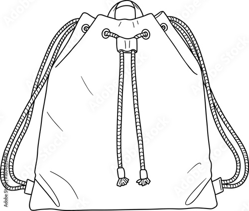 Drawstring backpack, vector illustration, flat design, CAD drawing, minimal line art, fashion accessory, unisex style, lightweight bag, black and white