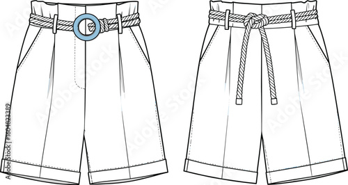High waist women’s shorts vector, rope belt with ring buckle, fashion cad flat sketch, technical clothing illustration design template