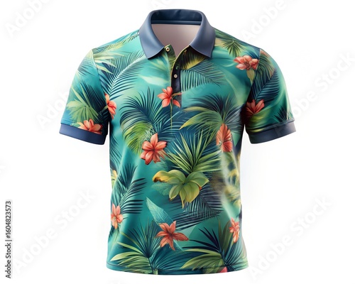 Shortsleeved polo shirt with vibrant tropical floral and leaf print on teal