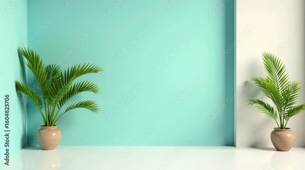 Obraz premium Serene Minimalist Interior Design with Two Lush Potted Plants Against a Two-Tone Wall