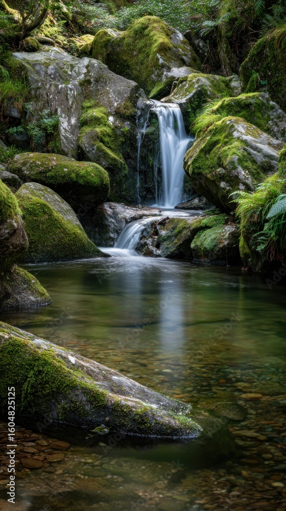 Fototapeta premium Tranquil mossy waterfall cascading into a clear pool