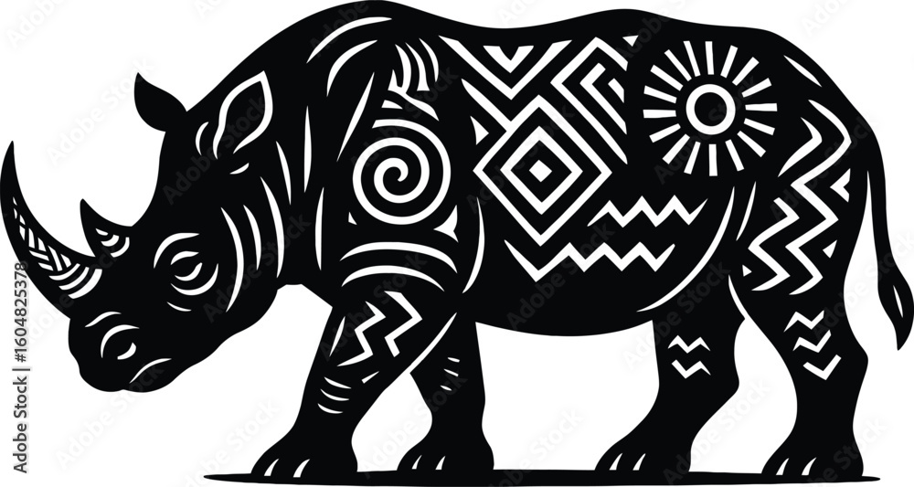 Fototapeta premium Tribal Rhino Silhouette Vector – Ethnic Patterned Rhinoceros Design for Wildlife Clipart, Safari Decor, and African Spirit Animal Artwork