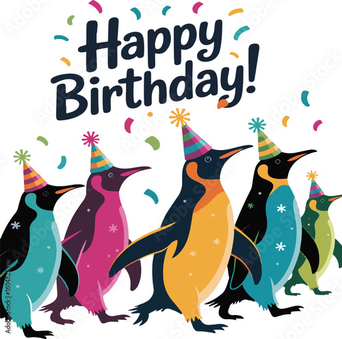 Colorful penguin birthday celebration with party hats and confetti on a white background