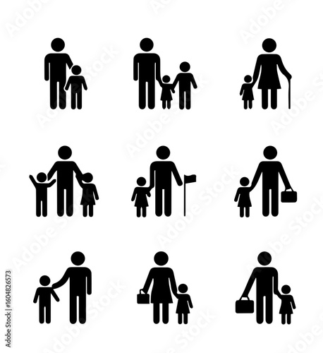 Comprehensive family and people icon collection. Vector silhouette pictograms showing parents, children, elderly person, and diverse family units and relationships.
