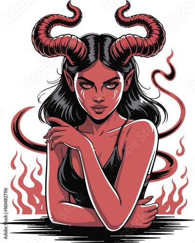 Mystical illustration of a seductive female demon with horns and fiery flames