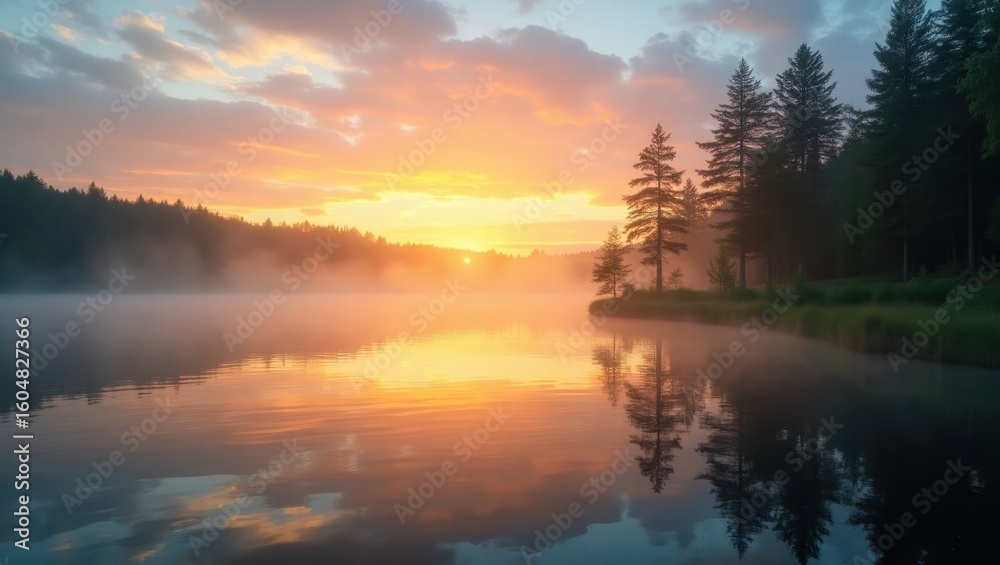 Fototapeta premium Sunrise over a tranquil lake, shrouded in mist.
