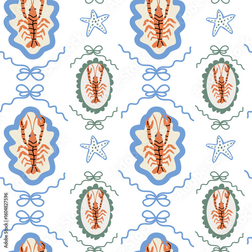 Seafood pattern with lobsters and starfish in nautical colors.