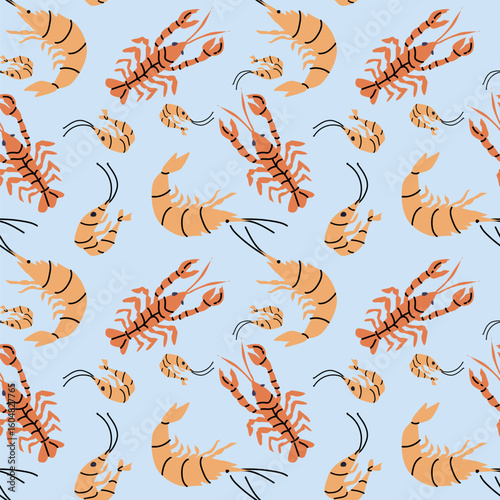 Seamless pattern of lobsters and shrimps on light blue background.