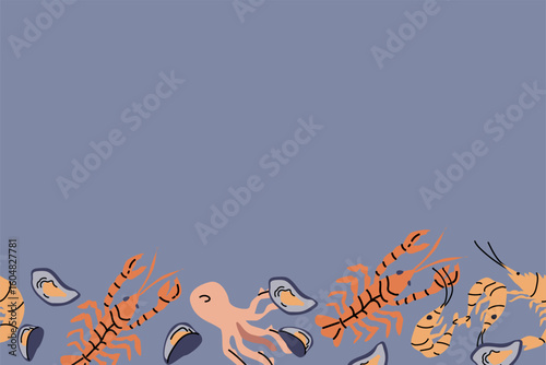 Seafood festival banner with shrimp, lobsters, octopus, and mussels on blue background.