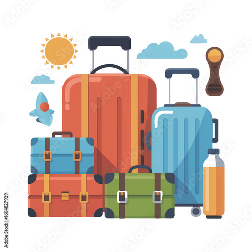Vector art of a colorful collection of suitcases and travel accessories are ready for an exciting adventure