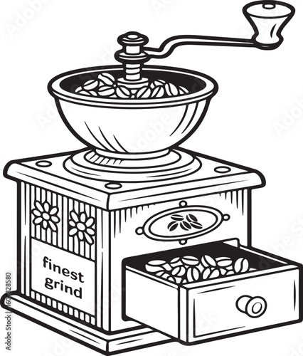 Vintage hand coffee grinder illustration with coffee beans and finest grind label