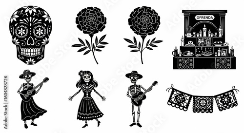 Dia de los Muertos Icon Set – Sugar Skulls, Marigolds, Ofrenda, Skeletons, Papel Picado, Mexican Holiday Vector

