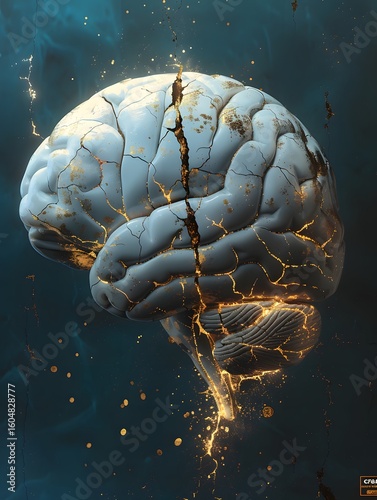 abstract kintsugi brain in fractured porcelain with gold repair cracks symbolizing PTSD resilience, aqua marine backdrop, mental health awareness art , national PTSD Day