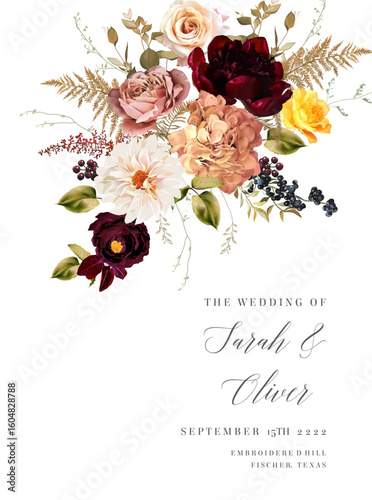 Elegant fall floral frame, arranged leaves and flowers. Orange garden rose, white dahlia, astilbe, ranunculus, berry, dried fern vector design. Watercolor style. Autumn card. Isolated and editable