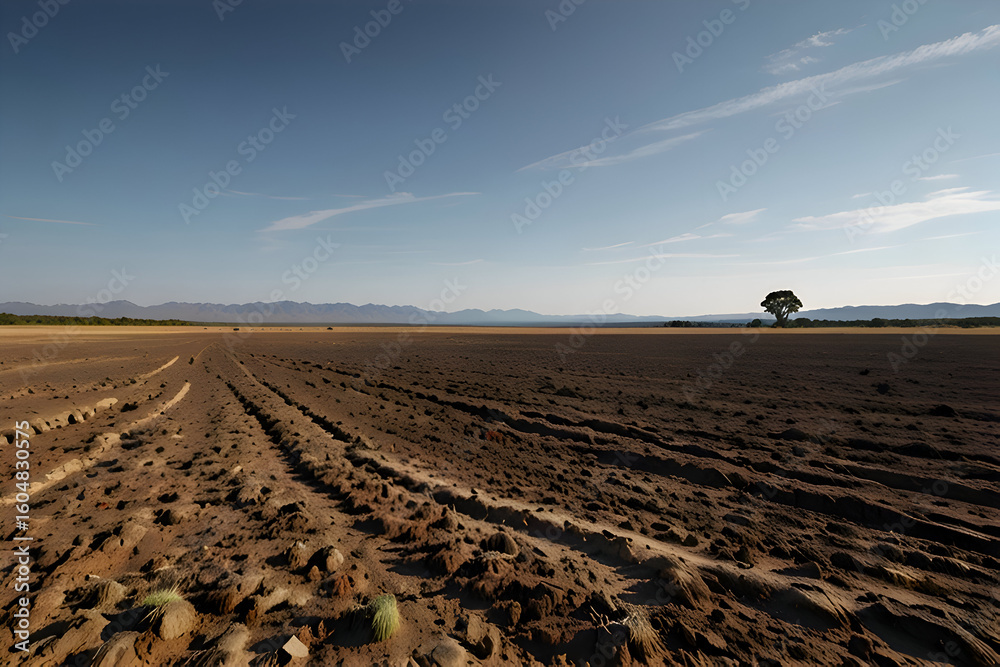 Obraz premium Open plain landscape with low vegetation and exposed soil, clear sky 