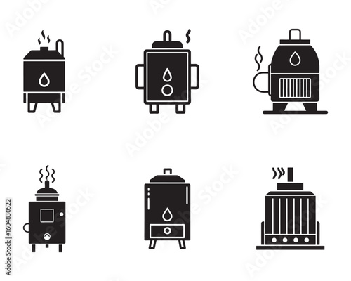 Black and White Boiler Icon Set for Heating and Industrial Applications Vector Illustration Set of Different Boiler Styles