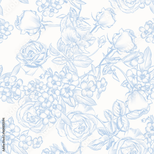 Floral seamless pattern. Blue and white textile design. Rose plants print. Toile de jouy flowers wallpaper, pattern, background. Nature gentle seamless pattern. Vector